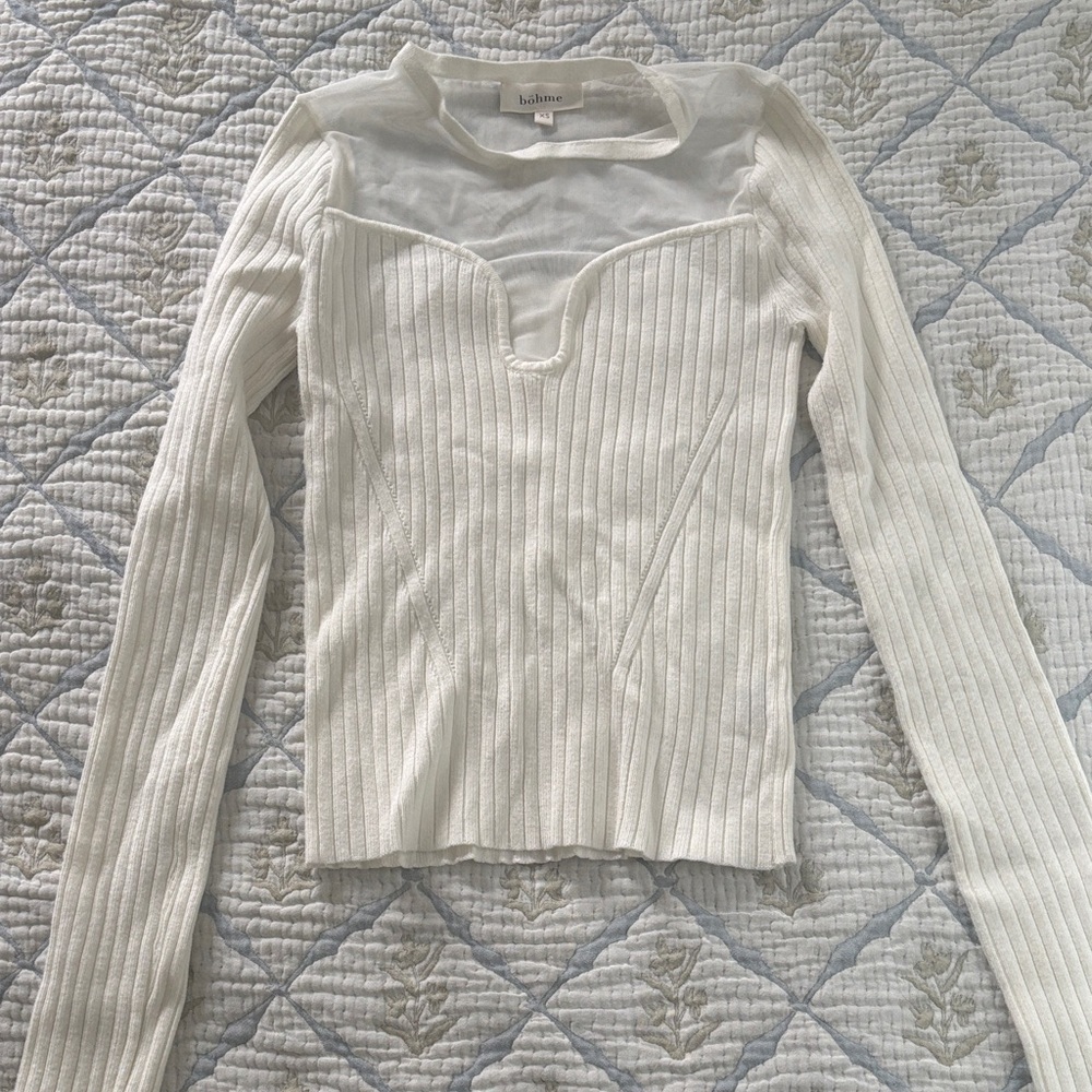 bohme White Ribbed Long Sleeve Top with Mesh Sweetheart Yoke
